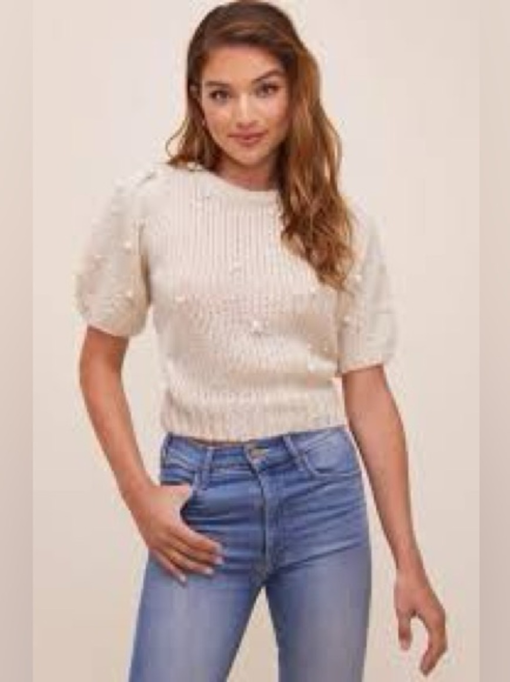 Astr The Label Puff Sleeve Pearl Embellished Cream Sweater Medium
